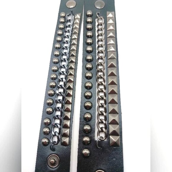 Goth Black Stud and Chain vegan Leather Bracelet Unisex -Black- Lot of 2 New - Picture 7 of 11